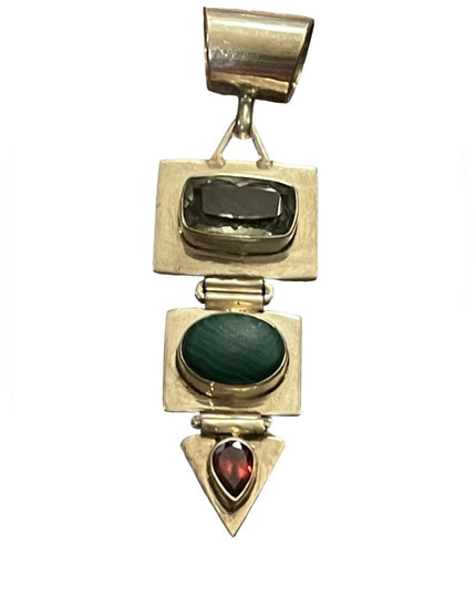 Vintage sterling silver 925 C CHAMA southwestern Malachite aqua garnet pendant