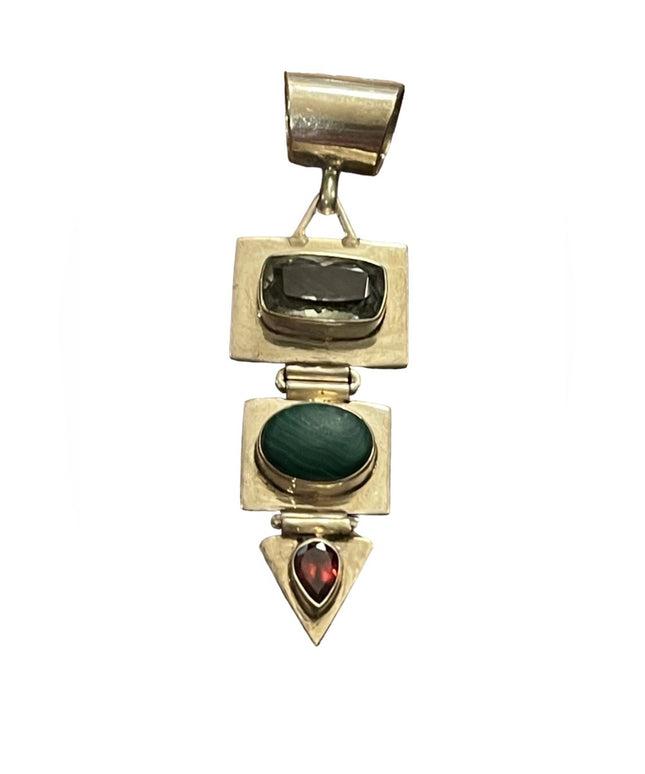 Vintage sterling silver 925 C CHAMA southwestern Malachite aqua garnet pendant
