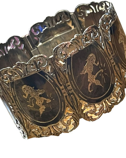 Antique Sterling silver Siam Black enamel goddess etched thick bangle bracelet