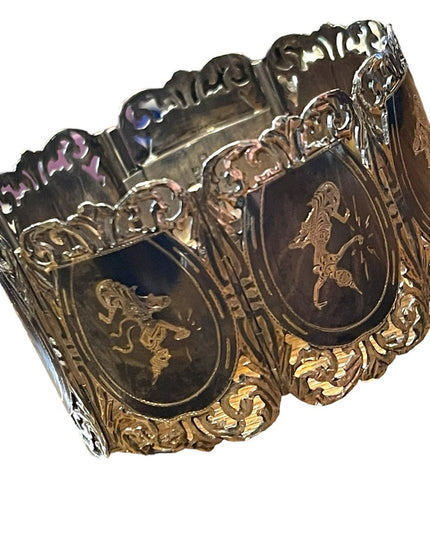 Antique Sterling silver Siam Black enamel goddess etched thick bangle bracelet