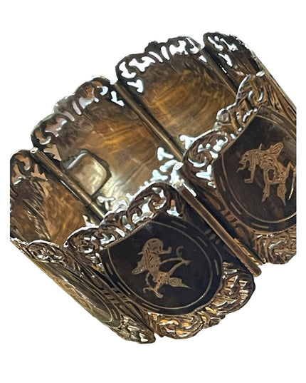Antique Sterling silver Siam Black enamel goddess etched thick bangle bracelet