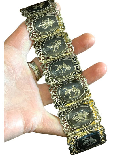 Antique Sterling silver Siam Black enamel goddess etched thick bangle bracelet