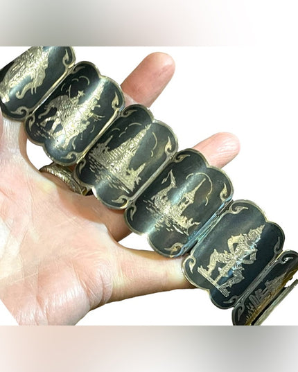 Antique Sterling silver Siam Etched black wnamel symbols Thai bangle bracelet