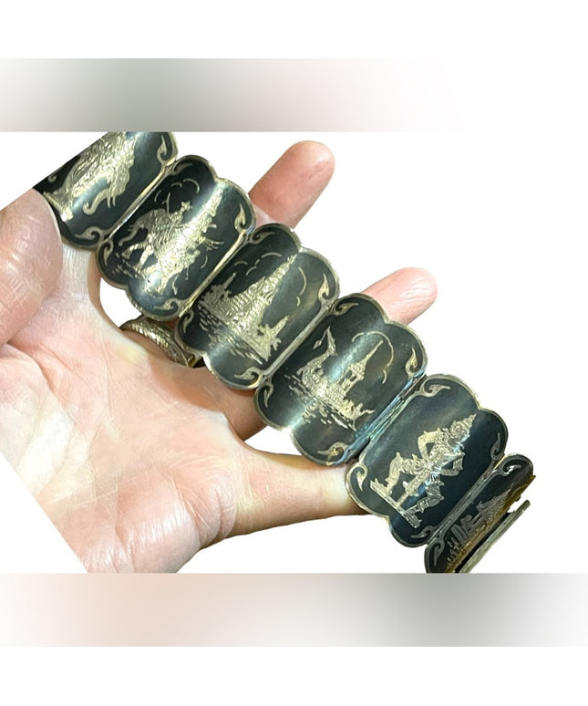 Antique Sterling silver Siam Etched black wnamel symbols Thai bangle bracelet
