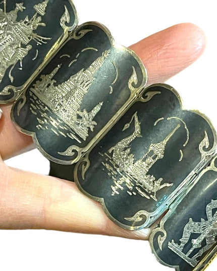 Antique Sterling silver Siam Etched black wnamel symbols Thai bangle bracelet
