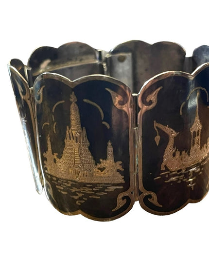 Antique Sterling silver Siam Etched black wnamel symbols Thai bangle bracelet