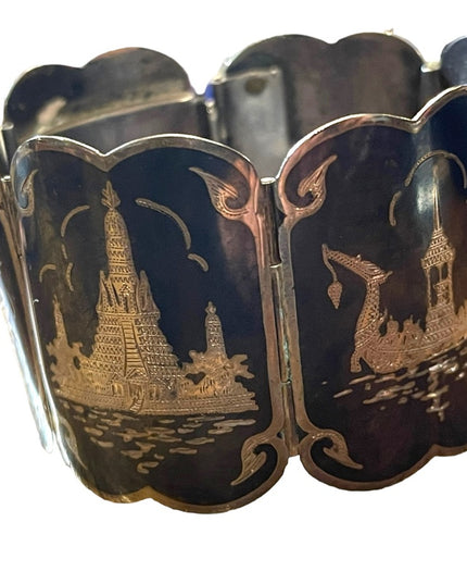 Antique Sterling silver Siam Etched black wnamel symbols Thai bangle bracelet