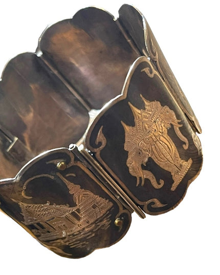 Antique Sterling silver Siam Etched black wnamel symbols Thai bangle bracelet