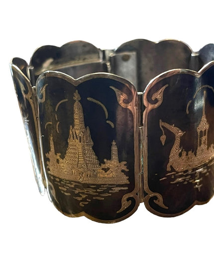 Antique Sterling silver Siam Etched black wnamel symbols Thai bangle bracelet