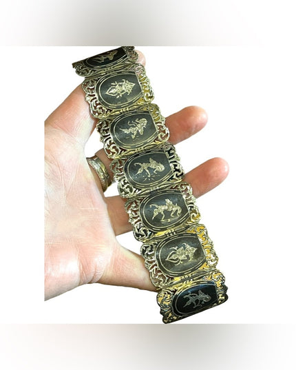 Antique Sterling silver Siam Black enamel goddess etched thick bangle bracelet