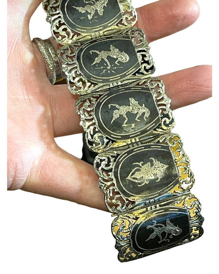 Antique Sterling silver Siam Black enamel goddess etched thick bangle bracelet
