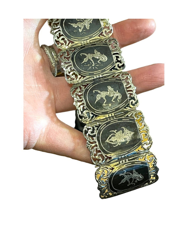 Antique Sterling silver Siam Black enamel goddess etched thick bangle bracelet