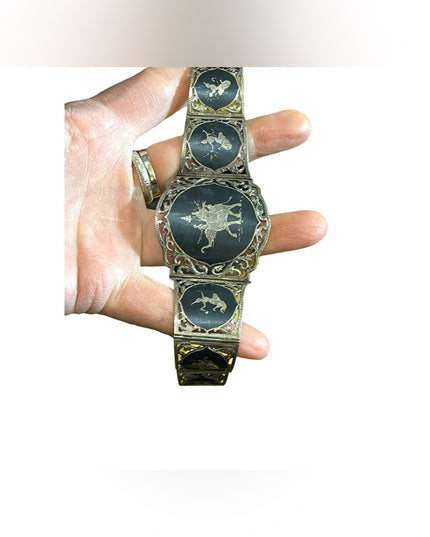 Antique  Sterling silver Siam Etched black wnamel symbols Thai bangle bracelet