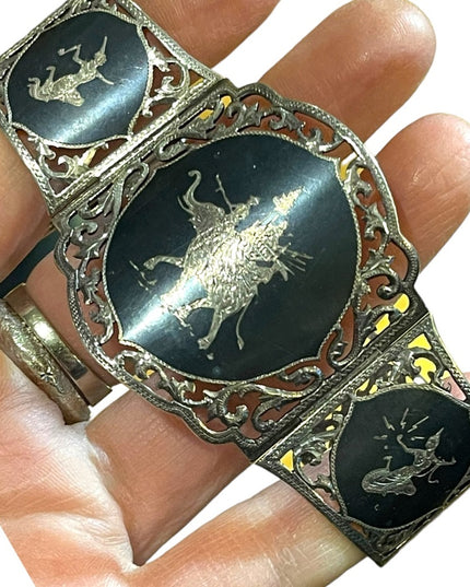 Antique  Sterling silver Siam Etched black wnamel symbols Thai bangle bracelet