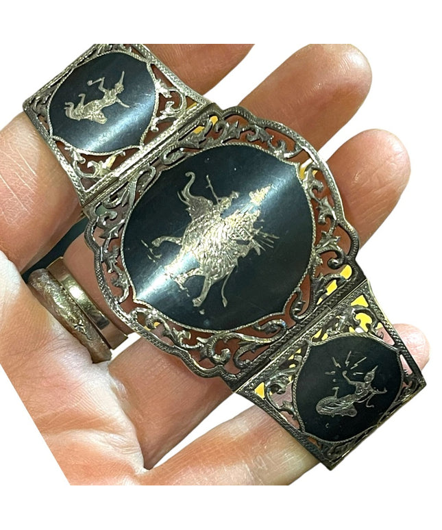 Antique  Sterling silver Siam Etched black wnamel symbols Thai bangle bracelet