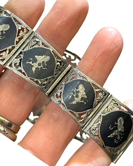 Antique  Sterling silver Siam Etched black wnamel symbols Thai bangle bracelet