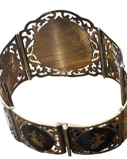 Antique  Sterling silver Siam Etched black wnamel symbols Thai bangle bracelet