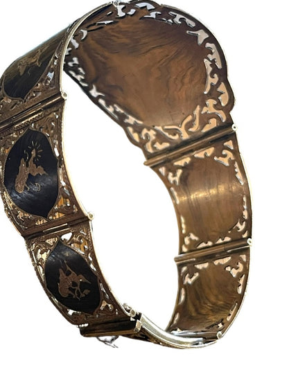 Antique  Sterling silver Siam Etched black wnamel symbols Thai bangle bracelet