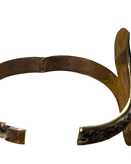 Antique Sterling silver Siam Etched black wnamel symbols Thai bangle bracelet