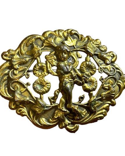 Antique 1920s Art Deco Cherub flower ornate design brass brooch sash