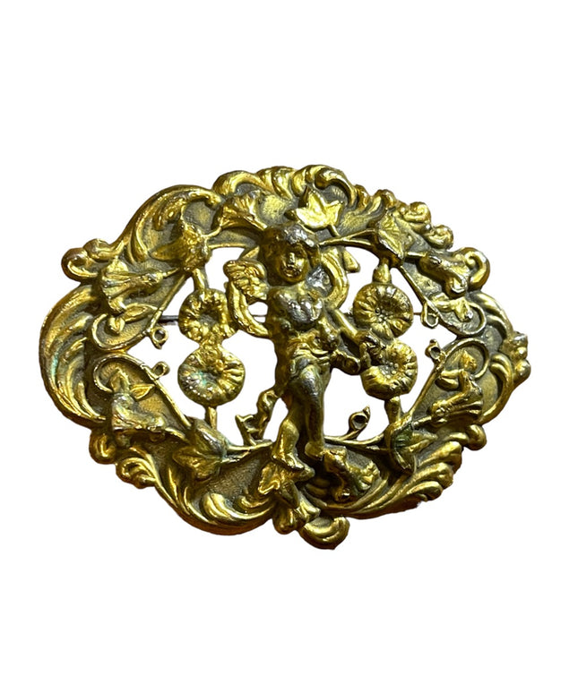 Antique 1920s Art Deco Cherub flower ornate design brass brooch sash