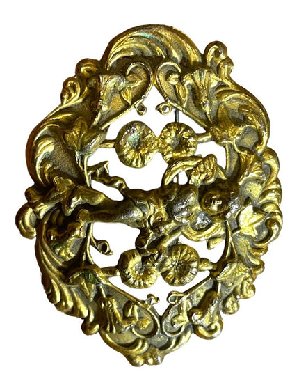 Antique 1920s Art Deco Cherub flower ornate design brass brooch sash