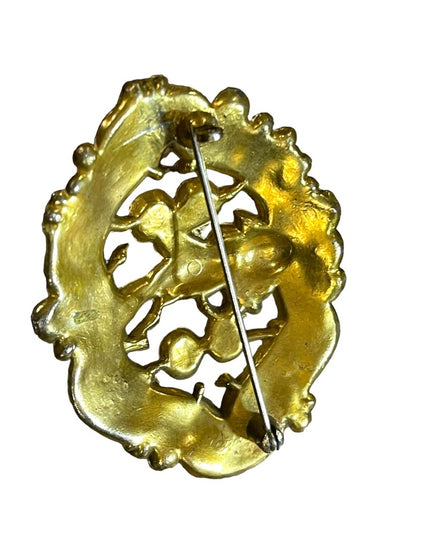 Antique 1920s Art Deco Cherub flower ornate design brass brooch sash