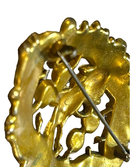 Antique 1920s Art Deco Cherub flower ornate design brass brooch sash