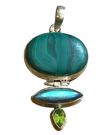 Vintage 1970 Sterling silver Peridot Malachite Labradorite chunky heavy pendant