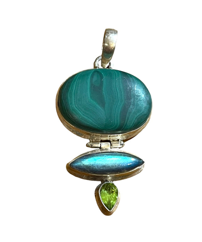 Vintage 1970 Sterling silver Peridot Malachite Labradorite chunky heavy pendant