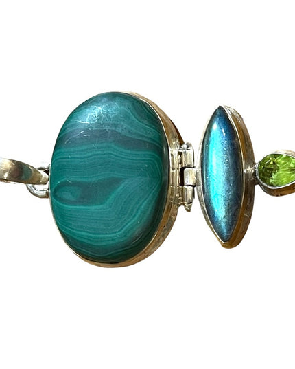 Vintage 1970 Sterling silver Peridot Malachite Labradorite chunky heavy pendant