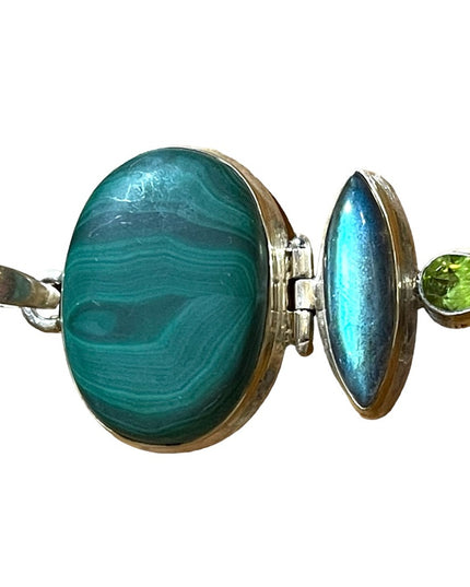 Vintage 1970 Sterling silver Peridot Malachite Labradorite chunky heavy pendant