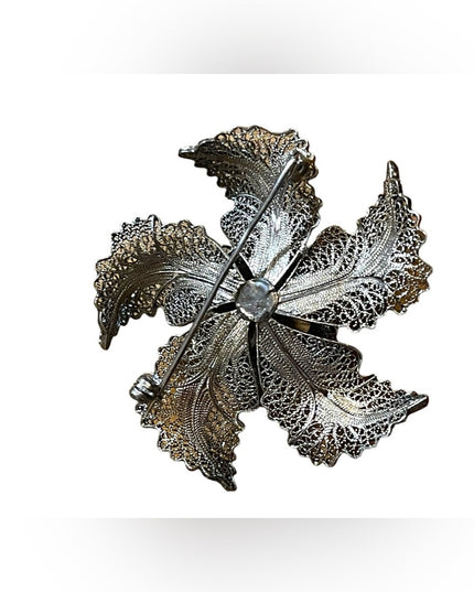 Vintage Silver finish german silver filagree fancy 1940s flower brooch