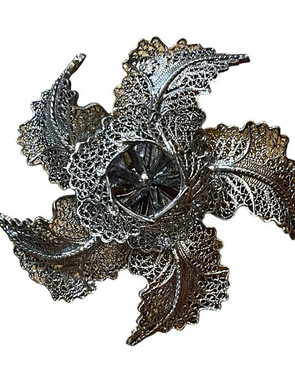 Vintage Silver finish german silver filagree fancy 1940s flower brooch