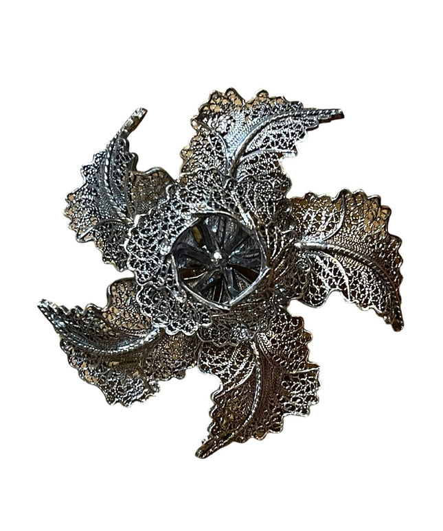 Vintage Silver finish german silver filagree fancy 1940s flower brooch