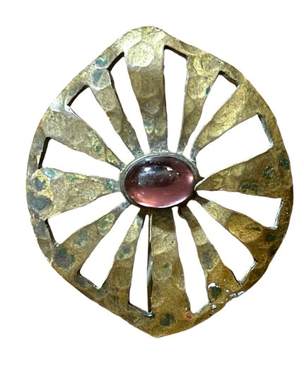 Antique W&W Holyoke Mass Brass purple paste glass fancy brooch ART DECO