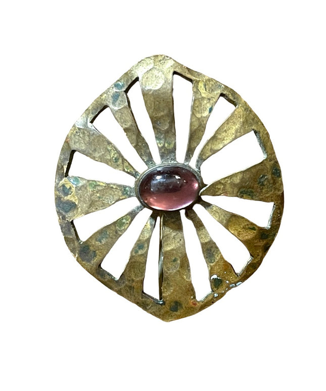Antique W&W Holyoke Mass Brass purple paste glass fancy brooch ART DECO