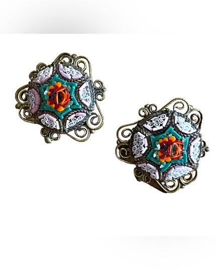 Antique Micro Mosaic Italy Italian Glass flower screw back earrings brass