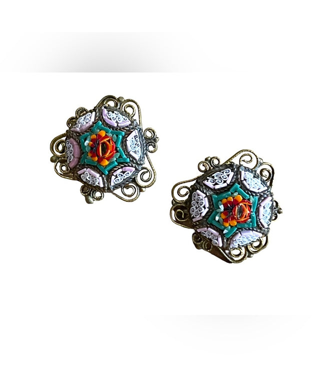 Antique Micro Mosaic Italy Italian Glass flower screw back earrings brass
