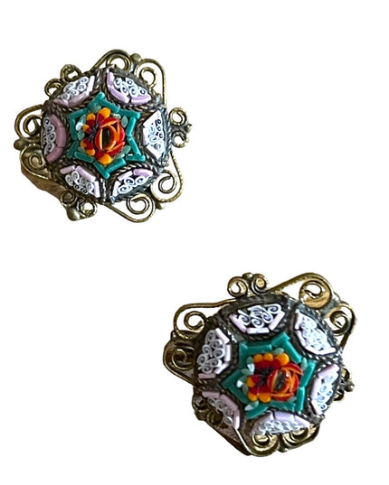 Antique Micro Mosaic Italy Italian Glass flower screw back earrings brass