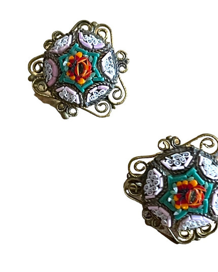Antique Micro Mosaic Italy Italian Glass flower screw back earrings brass
