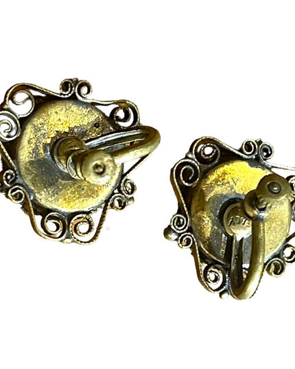 Antique Micro Mosaic Italy Italian Glass flower screw back earrings brass