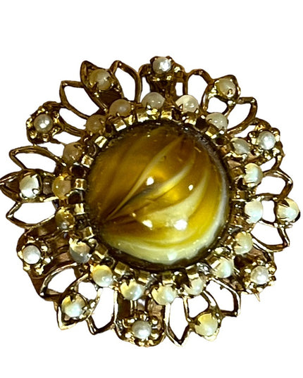 Vintage CZECH glass 1940s faux pearl brass antiqued finish brooch