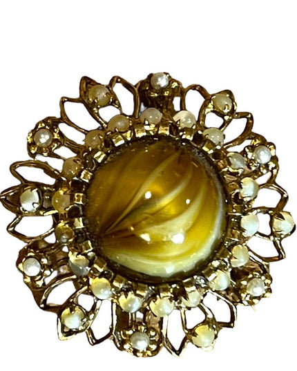 Vintage CZECH glass 1940s faux pearl brass antiqued finish brooch