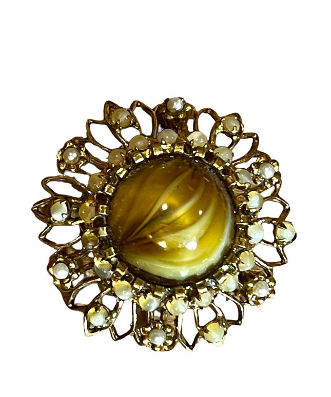 Vintage CZECH glass 1940s faux pearl brass antiqued finish brooch