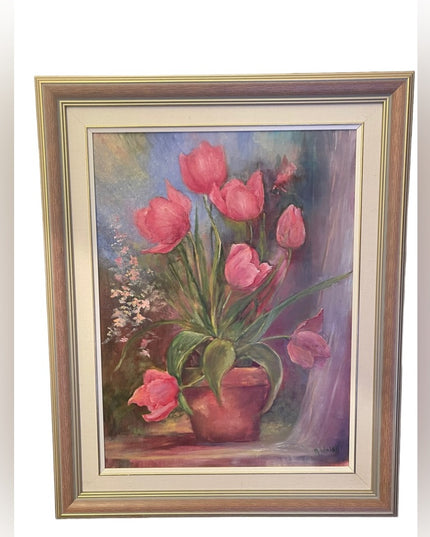 Vintage 1980s Signed foower oil painting Lovely pink tulips pro framed