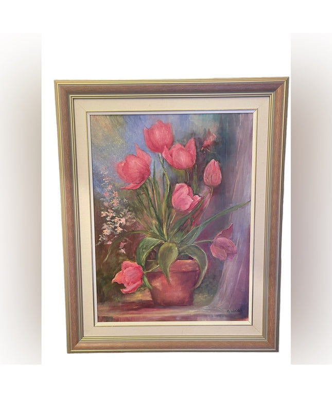 Vintage 1980s Signed foower oil painting Lovely pink tulips pro framed