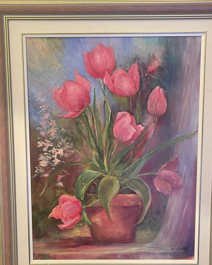 Vintage 1980s Signed foower oil painting Lovely pink tulips pro framed