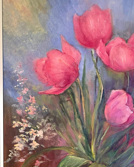 Vintage 1980s Signed foower oil painting Lovely pink tulips pro framed
