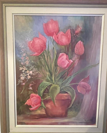 Vintage 1980s Signed foower oil painting Lovely pink tulips pro framed